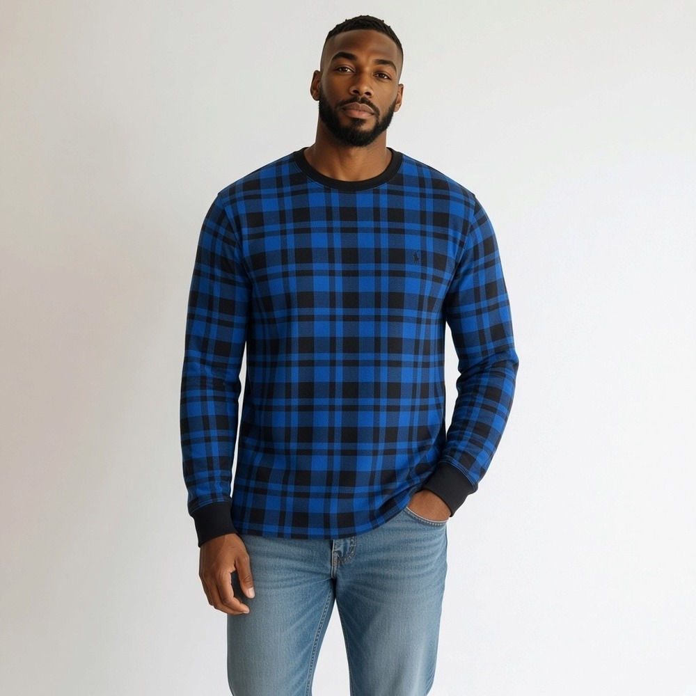 Polo Ralph Lauren Thermal T 2XL Blue Black Plaid Waffle Knit Gorpcore Lumberjack